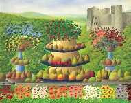 ボーシャン：ラヴァルダンの城の前、丸いフルーツ皿に乗った果物と花々