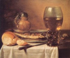 ピーテル・クラースゾーン：陶器の水差し、ワイングラス、にしん、パンのある静物